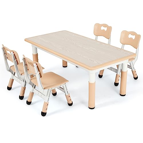 Mesa niños Infantil con 4 Sillas, Grupo de Mesa Infantil en Altura Ajustable, Juego de Sillas para Jardín de Infantes y Habitación, Grupo de Asientos para Niños y Niñas a Partir de 2 Años, Amarillo