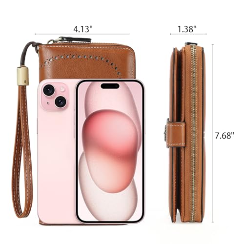 Image of Wristlet Wallets for Women Leather Credit Card Holder Bifold Brown | RFID Blocking, Large Capacity, Ladies Phone Clutch Purse with Zippered Coin Pocket