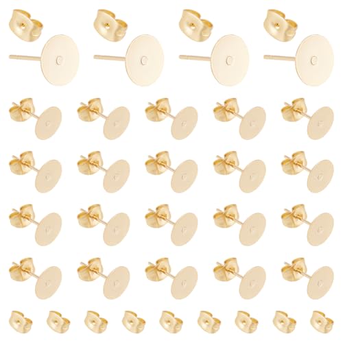UNICRAFTALE Environ 30 pièces 8mm Doré Boucle D'Oreille Flat Pad Boucle D'Oreille avec Écrous D'Oreille 0.8mm Broche Clou Boucle D'Oreilles Acier Inoxydable pour Fabrication de Bijoux