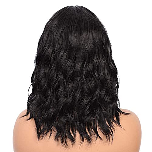 PORSMEER Short Bob Wigs Synthetic Hair Wigs for Women Natural Curly Wave Wigs (14 inch, 1B#) (Black)