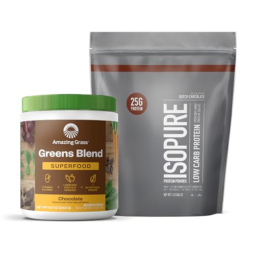 Isopure Build Your Smoothie Chocolate Bundle Dutch Chocolate Low Carb Protein Powder (14 Servings) and Amazing Grass Greens Chocolate Blend Superfood (30 Servings)