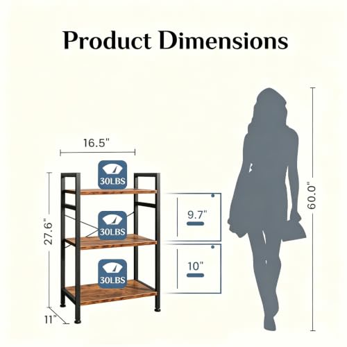 Image of HealSmart 3 Tier Bookshelf, Free Standing Book Shelf Home Office Bookcase Shelf Storage Organizer for Bedroom, Bathroom, Living Room, Office, Balcony, Rust Brown