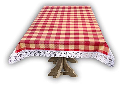 Image of The Furnishing Tree Waterproof PVC Rectangle Shaped 12 Seater Table Cover WxL 60x140 inches Plaid Pattern Maroon with White Border lace