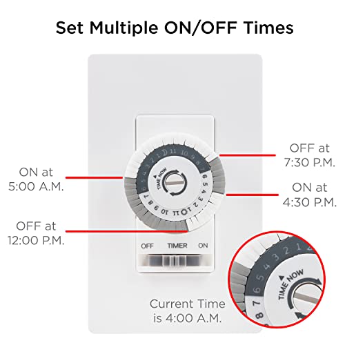 Ultrapro 24-Hour Mechanical In-Wall, Dial Timer, 30-Minute Intervals, Push Pins, Neutral Wire Required, Override Switch, Single-Pole, Ideal For Lights, Led, Cfl, 41092, White. #TOP6