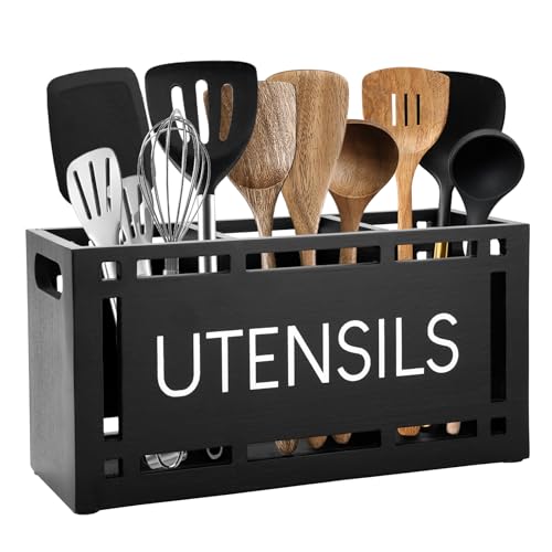 Karisky Utensil Holder for Kitchen Counter, Large 3 Compartments Solid Real Wood Utensil Caddy Organizer with 4 Non-Slip Pads, Rectangular Cooking Tools Storage for Countertop, Black