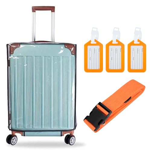 QUMENEY Clear Luggage Cover Protector Bag with Luggage Tag PVC Suitcase Cover Protectors Transparent Luggage Protector Waterproof Dustproof for Travel (Orange, 28-Inch)