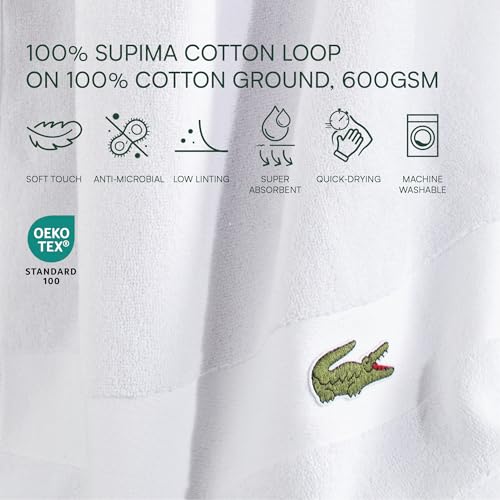 Lacoste Sport Stripe 6-teiliges Luxus-Baumwollhandtuch-Set - Hergestellt aus 100% weicher Supima-Baumwolle, saugfähig & schnelltrocknend, inklusive 2 Badetücher, 2 Handtücher, 2 Waschlappen, Weiß