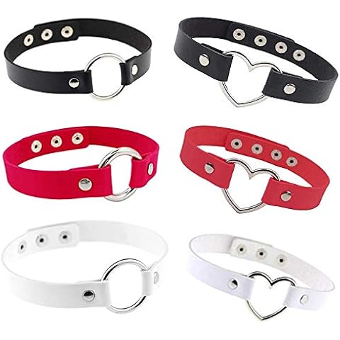 JinYu 6 Pack PU Leather Choker Necklace Goth O Ring and Love Heart Choker Collar Chain for Women Girl- Black, White, Red Cover