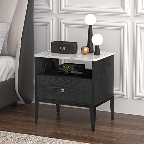 TENNTOU Black Modern Nightstand, End Table with Drawer and Open Shlef, Bed Side Table with Faux Marble Top, Wooden Storage Night Stand for Bedroom, Living Room, Office