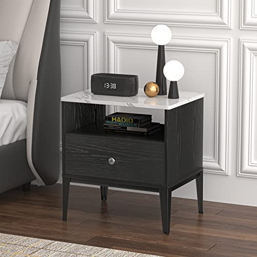 Tenntou Black Modern Nightstand, End Table With Drawer And Open Shlef, Bed Side Table With Faux Marble Top, Wooden Storage Night Stand For Bedroom, Living Room, Office #TOP3