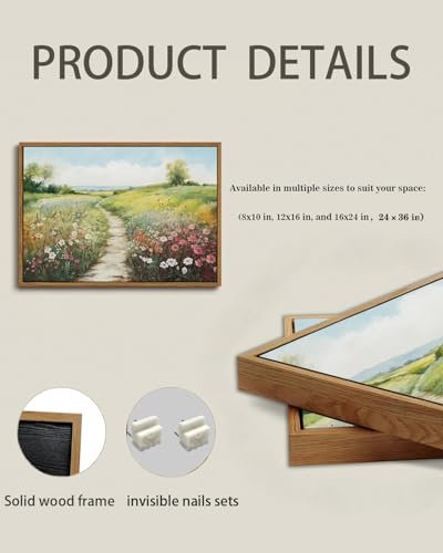 Image of KISSFOX Vintage Framed Wall Art Decor Spring Landscape Pictures Wall Decor Rustic Wildflower Path Paintings Countryside Canvas Art Prints Modern Farmhouse Artwork For Bedroom Kitchen Living Room