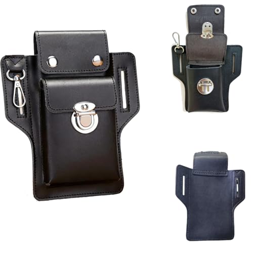DraCra Phone Holster with Dual Pocket Wallet Faux Leather Large Phone Pouch Belt Clip Hands-Free Smartphone Holder for iPhone Cellphone Car Key Fob Construction Worker Hiking Camping Travel Secure