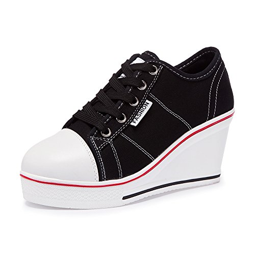 ZETIY Baskets Mode Compensées Sneakers Chaussure de Sport Chaussures en Toile Femme,Noir,39 EU