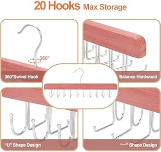 TOPIA HANGER Cedar 2 in 1 Belt Tie Hanger for Closet Max 30 Belts with 30 Ties Capacity, 20 Hooks Belt Tie Racks Hanger for Closet Organizer Storage “U” Fit Belt and “一” Fit Tie - CT53C