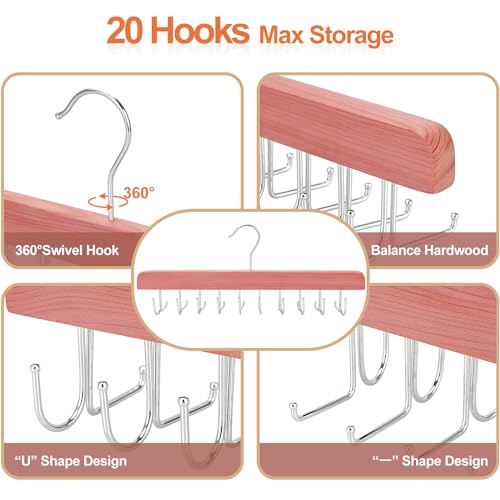 TOPIA HANGER Cedar 2 in 1 Belt Tie Hanger for Closet Max 30 Belts with 30 Ties Capacity, 20 Hooks Belt Tie Racks Hanger for Closet Organizer Storage “U” Fit Belt and “一” Fit Tie - CT53C