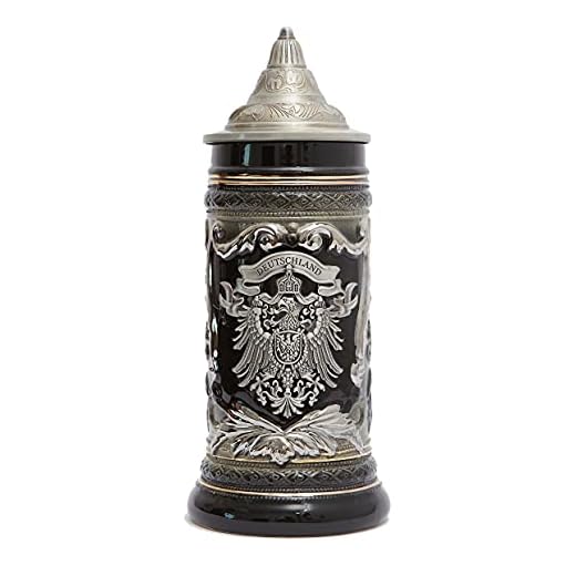 Amoy-Art Jarra de Cerveza Alemana con Estaño Tapa Hecho a Mano Regalo Souvenir Relieve de Escudos de Armas de Alemania Grabado Estándar de Seguridad Alimentaria Caja de Regalo 0.6 Litre