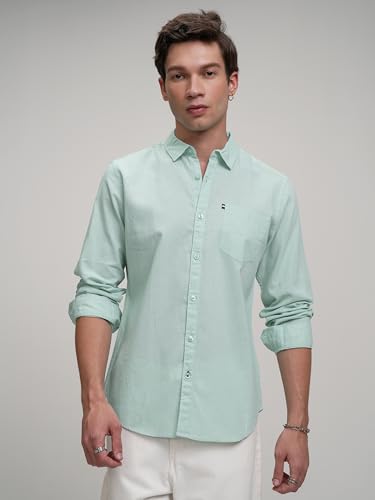 Image of Highlander Men's Blue Solid Slim Fit Casual Shirt | Sleek & Versatile | A Timeless Wardrobe Essential