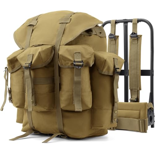 AUMENTAR 50L Military Alice Pack Army Survival Combat ALICE Rucksack Backpack for Men & Women for Camping, Hiking, Emergency Khaki