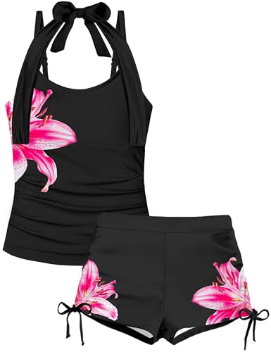 Image of Girls Swimsuit 2 Piece Halterneck Girls Tankini Swimsuit Drawstring Printed Swim Shorts Girl Bathing Suit for 7-18T