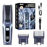 Vacuum Beard Trimmer Men Rechargeable Electric Shaver, Adjustable Beard Trimmers with Ceramic Blade, IPX7 Waterproof Cordless Body Hair Trimmer for Men with Type-C Charging, LCD Display (Blue)