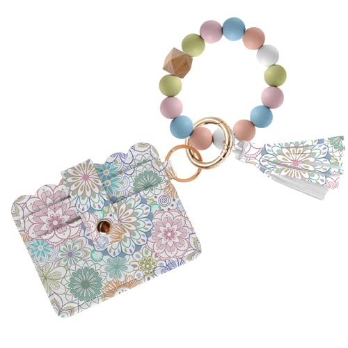 Image of Bohemia Wallet Bead Keychain Wristlet, Horizontal Silicone Bead Bracelet Key Ring Wallet with Wrist Strap and Card Case ID Window, PU Leather Blocking Card for Women, Girls and Friends