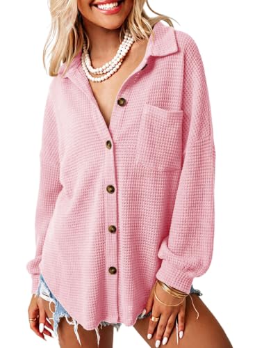 Dokotoo Womens Vintage Solid Color Button Down Shirts Long Sleeve Button Up Pocket Blouses Ladies Loose Fit Waffle Knit Shacket Dressy Boyfriend Tops Pink Large