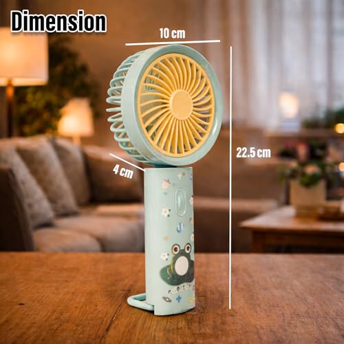 Image of WISHKEY Portable Handheld Mini Fan Cute Frog Print- USB /Battery Rechargeable, High-Speed Cooling for Travel, Office & Outdoor Use,Rechargeable Fan with 3 Speed Modes- Green