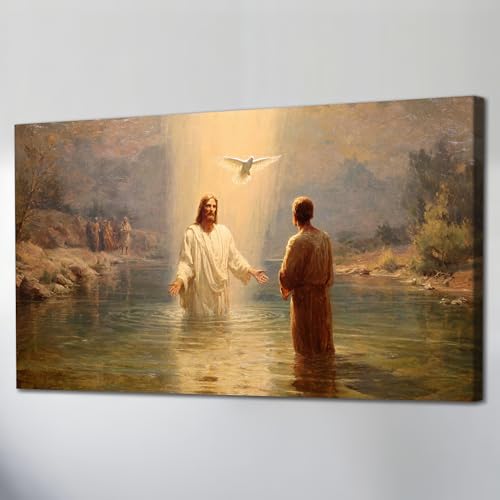 UZMKM Jesus Baptism Wall Art, Christian Religious Framed Canvas Prints, Jesus and John in Water, Inspirational Wrapped Canvas Wall Artwork Poster Picture for Home Church Prayer Room Decor 8×16 Inch