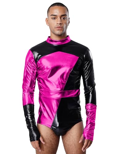 ACSUSS Men Metallic Shiny Bodysuit Contrast Color Stand Collar Long Sleeves Fashion Club Jumpsuit Hot Pink Large