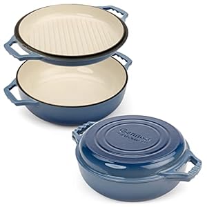 2-in-1 Enameled Cast Iron Braiser Pan with Grill Lid – 3.3-Quart Small Dutch Oven, Serves as Both Casserole & Stovetop Grill Pan, Enamel Coated Cast Iron Cookware, Never Needs Seasoning