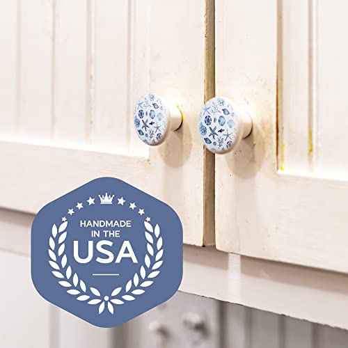 Twisted R Design Wooden Cabinet Knobs - Set of 6 Round Kitchen, Bathroom, or Furniture Cabinet Handles or Pulls w/Glossy Finish - Blue Seashells Drawer Knobs Design - 1.5 x 1.5 Inches - Image 2