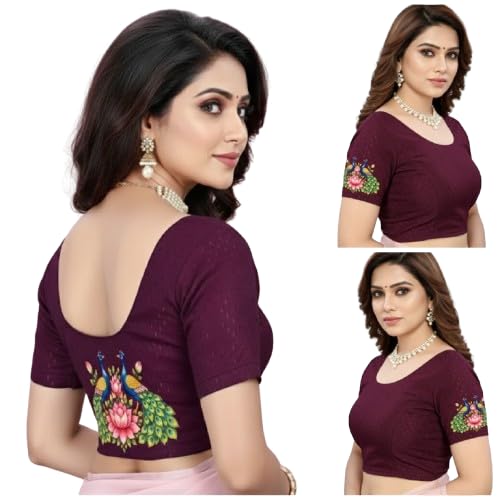 paarth enterprise PAARTH ENTREPRISE Women Cotton Blend Round Neck Short Sleeve Readymade Saree Blouse Wine-picture-55