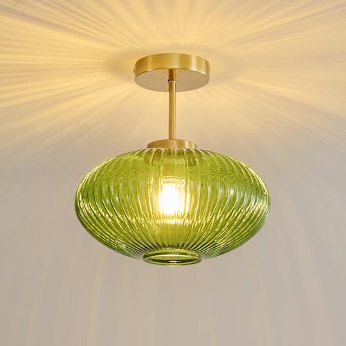 Green Ribbed Glass Ceiling Light: 11.8" Vintage Semi Flush Mount Ceiling Lights - Mid Century Modern Brass Light Fixture - Minimalist Drum Decorative Lighting Fixtures for Bedroom Living Roo