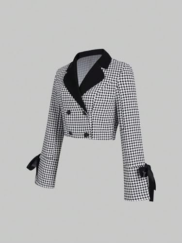 WDIRARA Women's Houndstooth Printed Knot Front Double Breasted Long Sleeve Casual Crop Blazers3