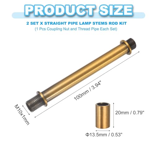 Image of PATIKIL Straight Pipe Lamp Stems Rod Kit, 2 Set M10 Carbon Steel 100mm(3.94 inch) Long Double End Thread Rod with Coupling Nuts Sleeve Connector for Table Lamps Chandeliers,Copper Gold