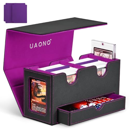 UAONO Card Deck Box for MTG, Double Card Storage Box with 2 Commander Display & 1 Dice Tray, Fits 200+ Double Sleeved Cards, Organizer for CCG TCG Sports Cards (Black Purple)