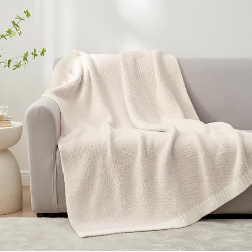 Snuggle Sac Manta de hilo de plumas para sofá, ultra suave, cálida, reversible, de punto, para cama o sofá, ligera, para viajes, tamaño individual, 127 x 153 cm, color marfil crema
