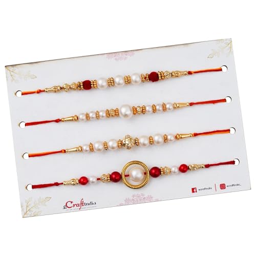 Image of eCraftIndia Set of 4 Red, Golden White Pearls Rakhis Best Bro Ever Fridge Magnet with Roli Chawal Pack - Rakhi for Brother, Bhaiya, Bhai