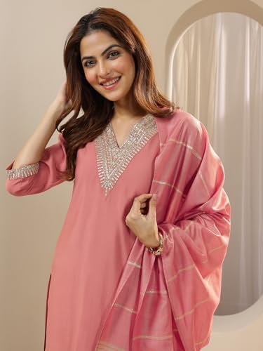 Image of Yoke Design Silk Blend Straight Kurta With Trouser and Dupatta