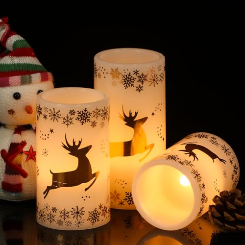 Image of Christmas Flameless Candles with 6H Timer, Real Wax LED Pillar Candles Flickering, Snowflake Golden Reindeer 3D Wick Candles for Home Decor Christmas Gifts, 3x4 /5 /6 inches