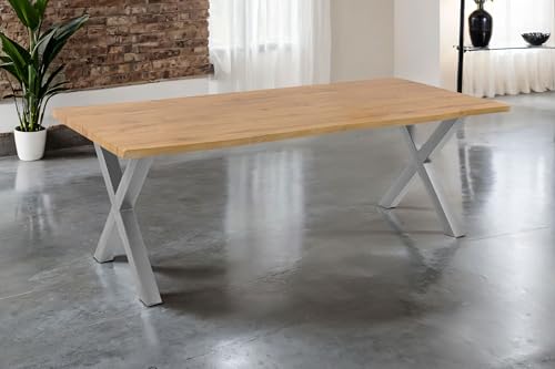 SAM Esstisch Josy | 220 x 100 cm | Holz Wildeiche-Optik | X-Gestell Metall Silber | 40 mm Tischplatte mit Baumkante | Tisch für Esszimmer & Küche