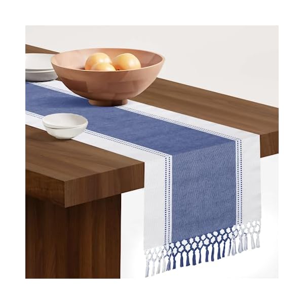 Comfy-co Table Runner 90 inch Long - Farmhouse Table Runner for Wedding Parties BBQ's Everyday Holidays - 100% Cotton 13x90 inch Rustic Vintage Dining Table Runner Blue
