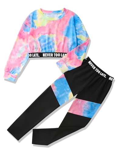 Image of Girls Clothes Tie-Dye Long Sleeve Sweatshirt Cool Patchwork Sweatpants 2 Piece Girls' Clothing Sets Size 6-14 Years