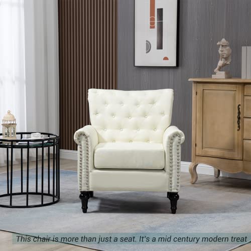 Joybase Club Chair, Mid Century Modern Accent Chair, Tufted Armchair With Nailheads And Solid Wood Legs, Upholstered Single Sofa Couch Chair, Reading Chair For Living Room Bedroom (Beige, Linen) #TOP6
