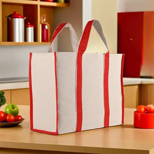 Kuber Industries Shopping Bag | Foldable Grocery Hand Bag | Vegetable Bag for Market | Jute Fabric | Grocery Bag for Milk-Fruits | Shoulder Jhola Bag | Red Patti | White