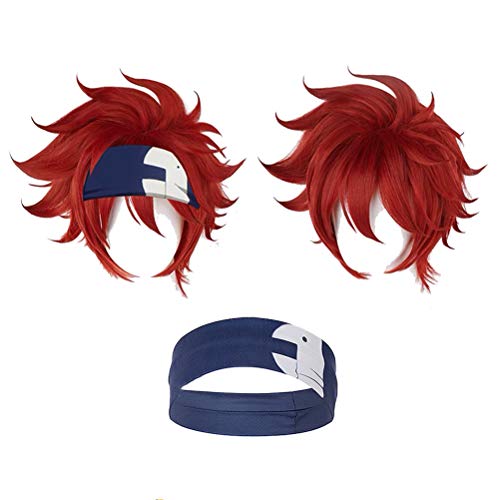 LOKCEE Red Short Straight Wig Hair Party Halloween Daily Reki Kyan Wig Cosplay Anime Costume Men with Wig Cap Blue Headband Hair Accessory