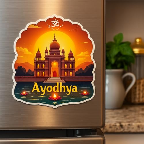 Image of Naxon Ayodhya Theme Souvenir Wooden Refrigerator Stylish Fridge Magnet - Shri Ram Mandir Travel Collectible Gift | Fridge Decoration Magnet for Kitchen & Home Decor | Size 3x3 Inches | Pack of 1