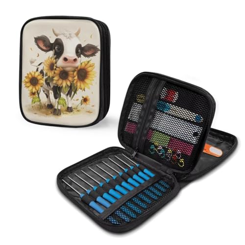 Image of Cartoon Cow Crochet Hook Case Sunflower Portable Knitting Needle Case with Web Pockets Swing Crochet Hooks Accessories Easy to Take