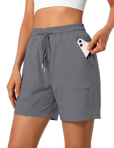 luvamia Womens 5 Inch Athletic Shorts Womens Drawstring Shorts Steel Gray Summer Outfits for Women Size Large Size 12 14