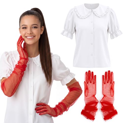 Jiuguva Retro Ruffle Collar Top with Red Long Sheer Gloves White Puff Sleeve Shirt Mesh Gloves Set for Concert Themed Party(XL)